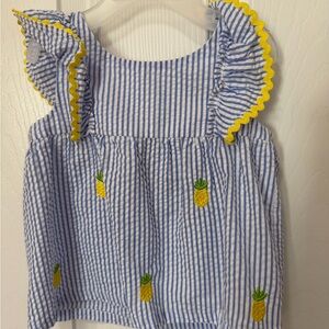 Rare Editions Blue and White Striped Blouse with Yellow Pineapples